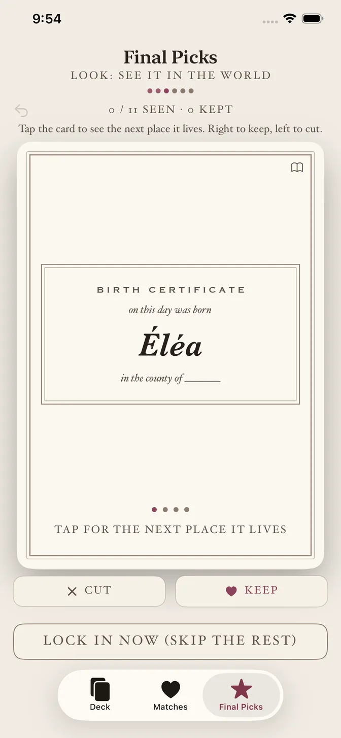 The Look lens: the name Elea set on a birth certificate, one of four places the card shows it living.
